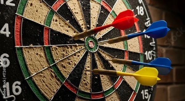 Fototapeta Dart Throwing Action at a Pub, Game Room, Sport Environment, Close-Up View, Focused on Targets