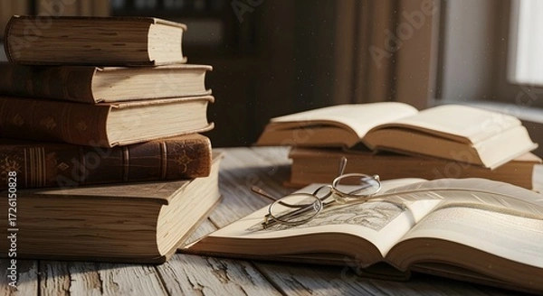 Fototapeta Open Books and Glasses on a Rustic Table in a Cozy Reading Nook