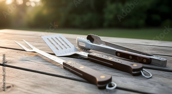 Fototapeta Grill Utensils on Wooden Table in Nature Setting, Capture of BBQ Essentials at Sunset