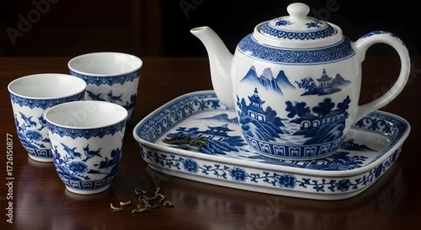 Fototapeta Porcelain Teapot and Cups on Wooden Table, Still Life Photography, Cozy Environment, Close-Up View with Cultural Element