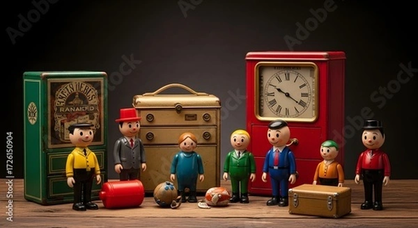 Fototapeta Vintage Toy Collection Display with Colorful Characters, Indoor Setting, Still Life Photography, Nostalgic Atmosphere