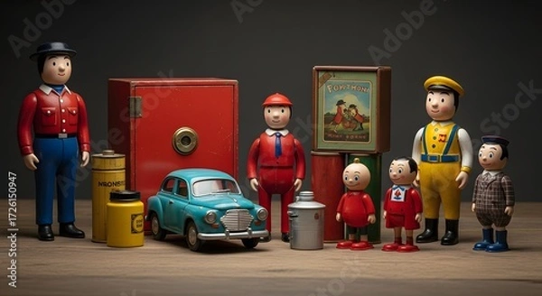 Fototapeta Vintage Toy Collectibles, Action Figures and Car, Retro Display Setup, Indoor Setting, Close-Up View, Nostalgia and Playfulness