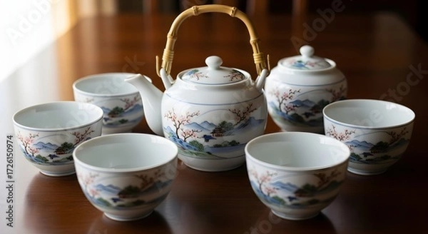 Fototapeta Traditional Tea Ceremony, Teapot and Cups, Indoor Setting, Photography, Cultural Environment, Close-Up View, Serenity and Harmony