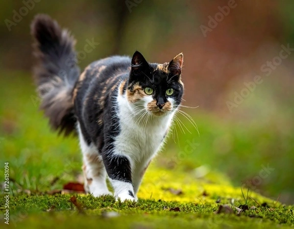 Fototapeta A calico cat strolls through a mossy forest