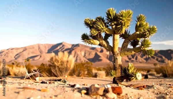 Obraz Joshua tree in a desert landscape with blurred mountains and rocks in the foreground