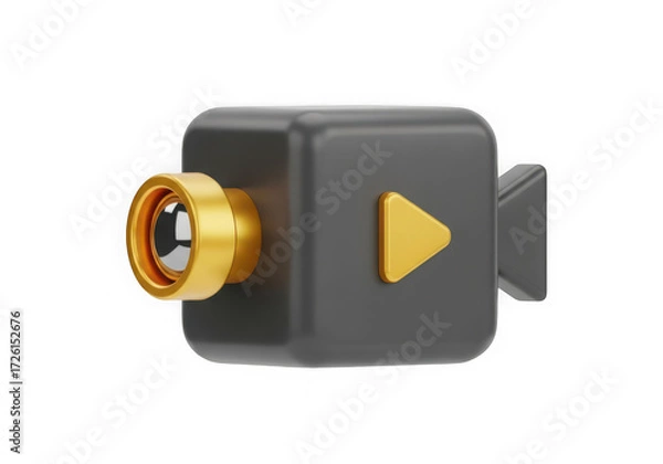 Fototapeta 3d icon of 3d black video camera icon with golden lens isolated on transparent background