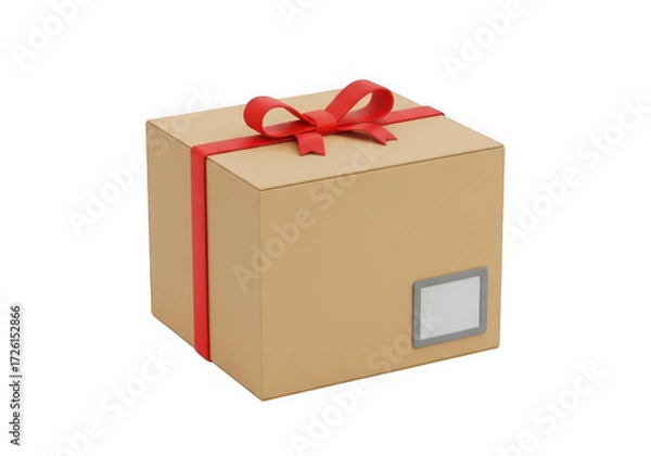 Fototapeta 3d icon of brown gift box with red ribbon isolated on transparent background