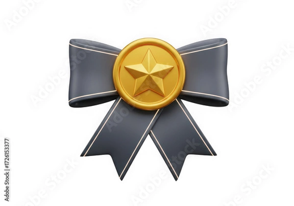 Fototapeta 3d icon of golden star badge with gray ribbon bow isolated on transparent background