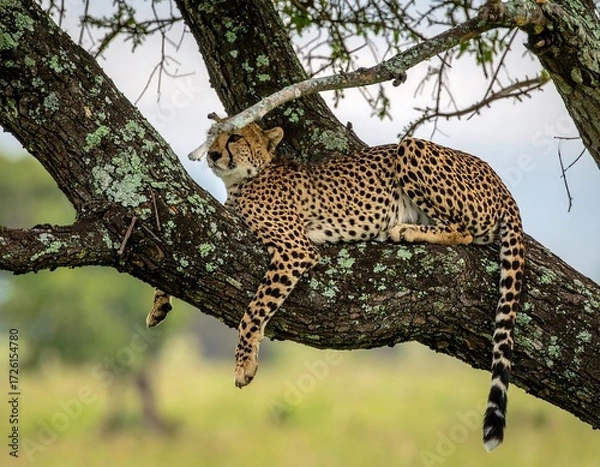 Fototapeta A cheetah resting on a tree branch in a savanna