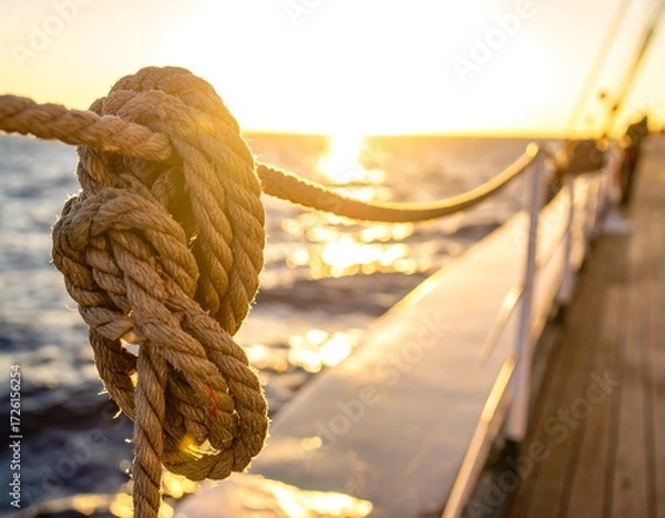 Fototapeta A close-up view of a nautical rope knot at sunset