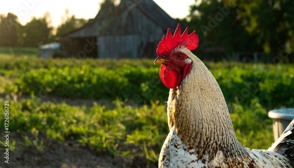 Obraz Rooster's comb stands out in front of old barn on rural farm, sunny day