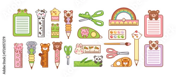 Fototapeta A kawaii stationery set featuring adorable animal designs, correction pen, ruler, scissors, pen, pencil, protractor, eraser, brush, and paints in bright, playful colors.