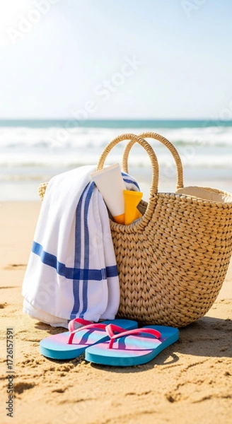 Fototapeta Vertical composition of beach bag with sunscreen, towel, and flip-flops spilling out onto sand
