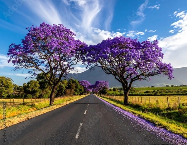 Fototapeta A country road lined with vibrant purple jacaranda trees under a vibrant sky