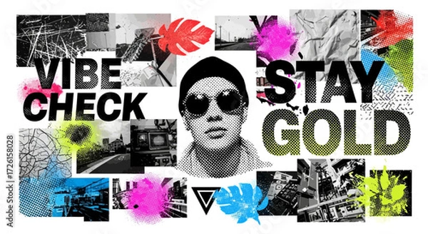 Fototapeta Graphic Collage with Portrait, Text, and Abstract Elements in a Modern Style