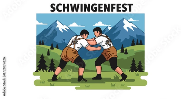 Fototapeta Two Wrestlers Competing in Traditional Swiss Schwingen, Mountain Backdrop