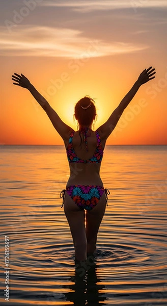 Fototapeta Woman’s back in patterned bikini, arms raised as she walks toward ocean, sun setting behind her
