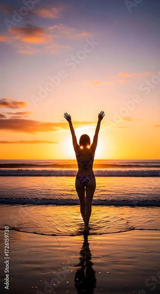 Fototapeta Woman’s back in patterned bikini, arms raised as she walks toward ocean, sun setting behind her