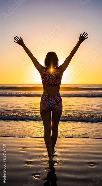 Fototapeta Woman’s back in patterned bikini, arms raised as she walks toward ocean, sun setting behind her