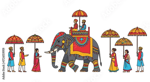 Fototapeta Ornate Decorated Elephant Procession with People and Umbrellas