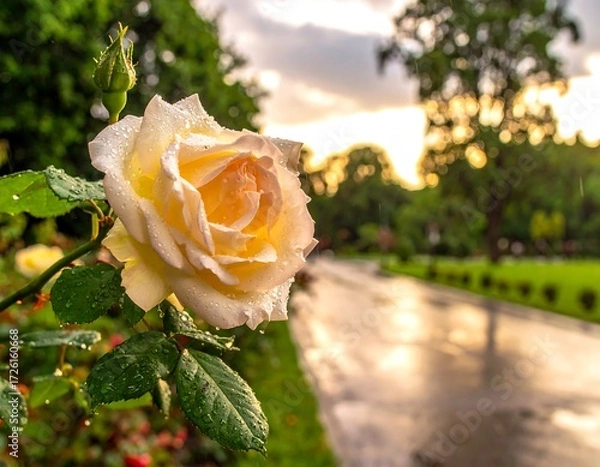 Fototapeta A delicate pale yellow rose in a park after rain
