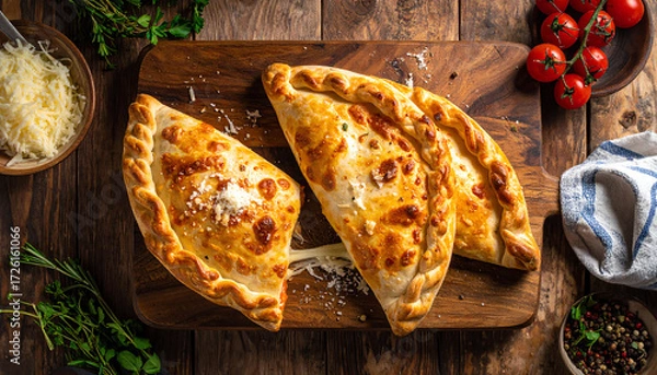 Fototapeta Delicious calzone filled with cheese and herbs, presented on a wooden board with fresh ingredients around.