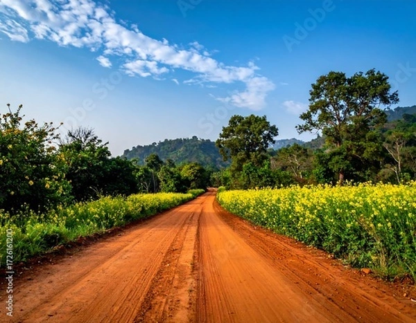 Fototapeta A dirt road through a vibrant yellow flower field, leading to a lush green forest