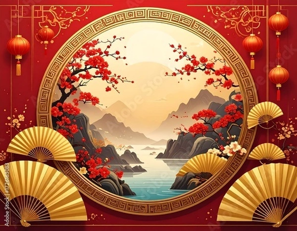 Obraz Oriental aesthetic framed landscape with decorative fans and lanterns