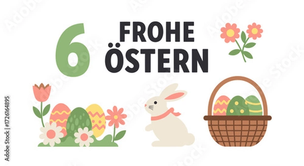 Fototapeta Colorful Easter Illustration with Bunny, Eggs, and Flowers