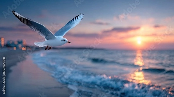 Fototapeta Seagull Soaring over Sandy Beach at Sunset Cinematic Wildlife in Coastal Scenery at Dusk with Soft Golden Light and Blurred Cityscape Background