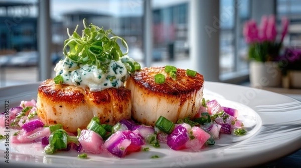 Fototapeta Seared Scallops Topped with Greens on Plate with Purple Salsa at Restaurant with Large Windows and Cinematic Lighting High Definition