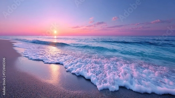 Fototapeta Seascape at Sunset with Pink and Purple Sky and Crashing Waves on Sandy Beach Warm Tones and Reflections in the Water with Horizon Glow
