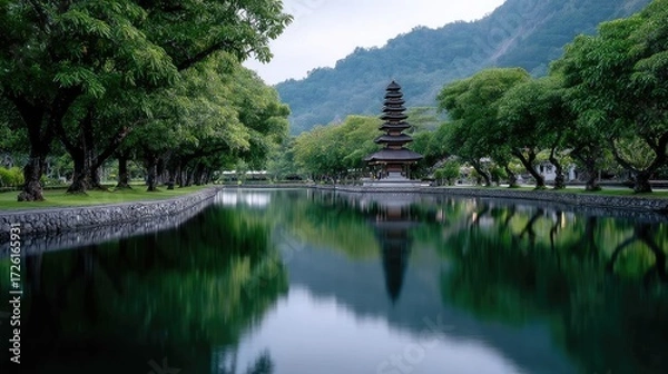 Fototapeta Scenic View of Balinese Temple in Lush Green Garden with Mountain Backdrop and Water Reflection Serene Exotic Travel Destination on Tranquil Day