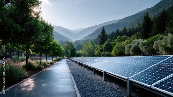 Fototapeta Scenic View of Solar Panels on Hillside with Lush Greenery and Mountain Backdrop Under Clear Sky