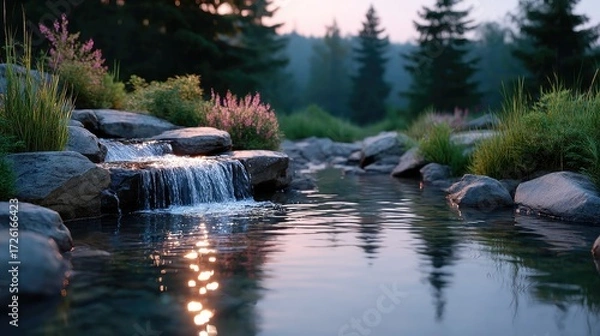 Fototapeta Scenic Waterfall Cascade Through Rocks with Lush Greenery at Dusk