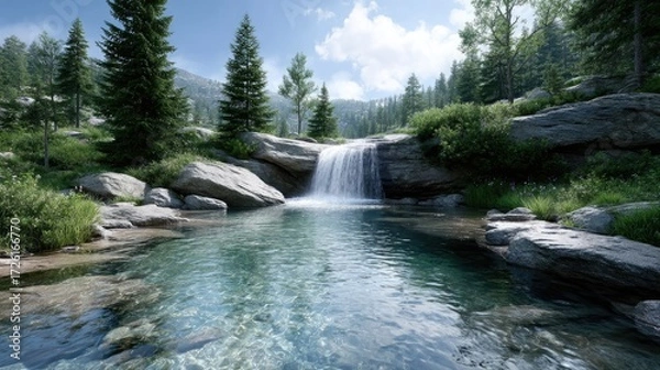 Fototapeta Scenic Waterfall Flowing Through Forest Landscape Under Bright Sky in Sunlight with Clear Water Surrounded by Green Trees and Rocks