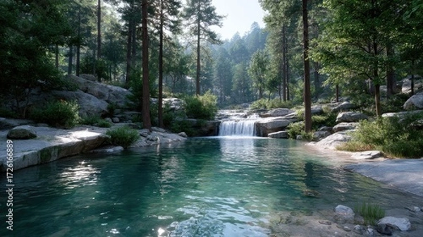 Fototapeta Scenic Waterfall Flows into Clear Turquoise Pool in Lush Green Forest with Sunlight Filtering Through Trees a Natural Landscape
