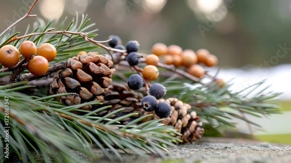 Fototapeta Pinecones, evergreen branches, and winter berries creating rustic decoration