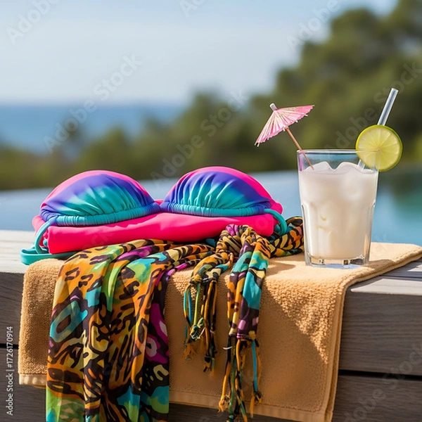 Fototapeta Bikini top and sarong neatly folded on towel beside a coconut drink in glass