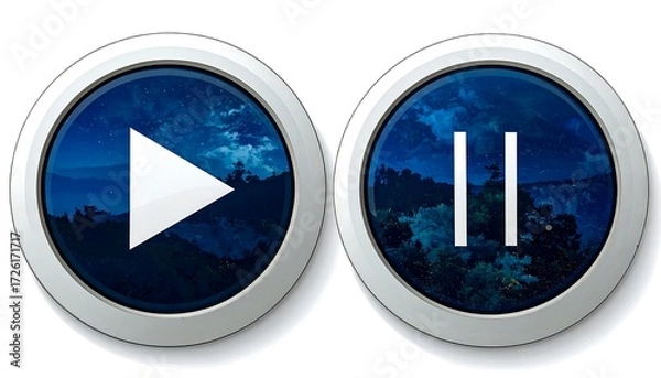 Fototapeta Two circular media buttons, play and pause, with a night sky and mountain inside