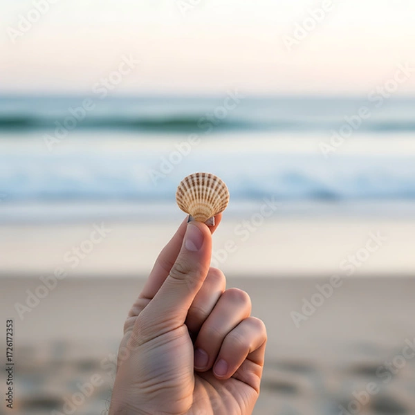 Fototapeta Hand holding a single seashell against blurred beach background — minimalist travel detail