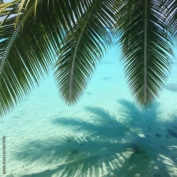 Fototapeta Square crop of palm fronds swaying over turquoise water, no people or structures visible