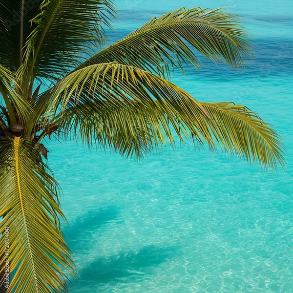 Fototapeta Square crop of palm fronds swaying over turquoise water, no people or structures visible