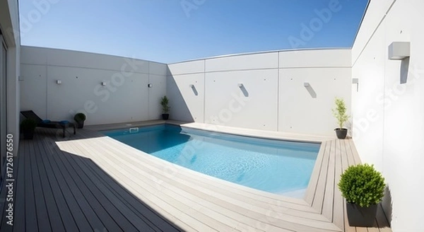 Fototapeta Minimalist backyard with rectangular pool, wooden deck, white concrete walls, bright sunlight flooding area.
