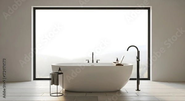 Fototapeta Minimal bathroom design, freestanding white bathtub near a window, natural stone floor, matte black fixtures, large window with soft diffused daylight filling the space.