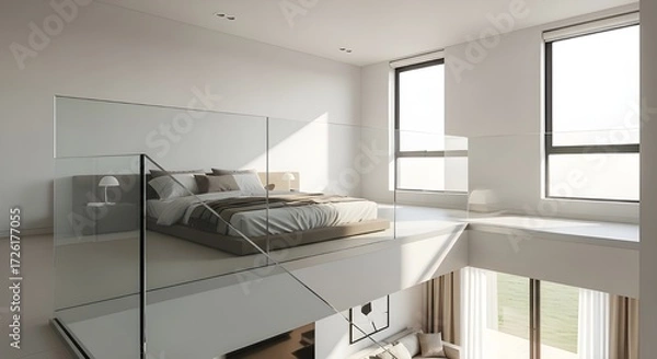 Fototapeta A modern minimalist mezzanine bedroom, overlooking living room below, low bed with neutral bedding, glass railing, natural morning light enhancing the airy open design.