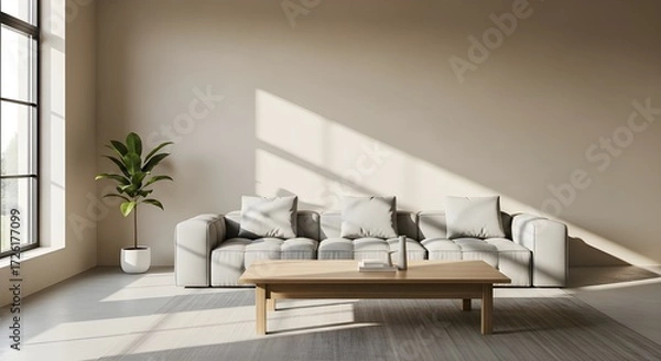 Fototapeta Wide-angle shot of a minimalist living room with clean beige walls, modular sofa, oak coffee table, bright morning light creating soft shadows across the floor.