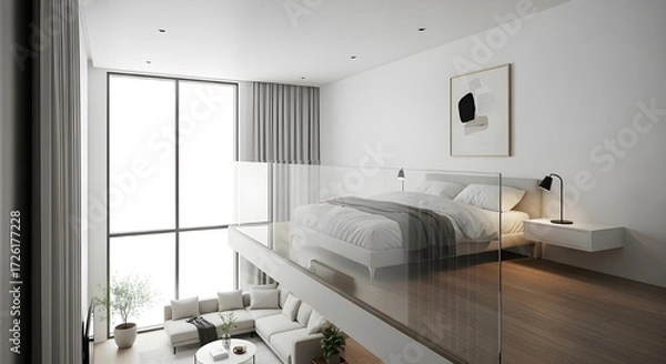 Fototapeta Minimalist mezzanine bedroom integrated with open-plan living area, large window, bright daylight flooding interior.