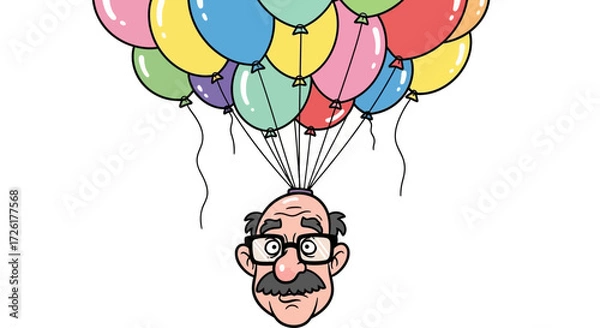 Fototapeta Elderly Man's Head Lifted by Colorful Balloons