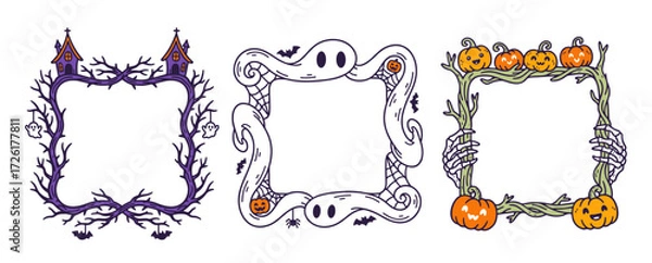 Fototapeta collection of three Halloween frames, with ghosts, cute pumpkins, spider web, bats and gothic house, spooky design set